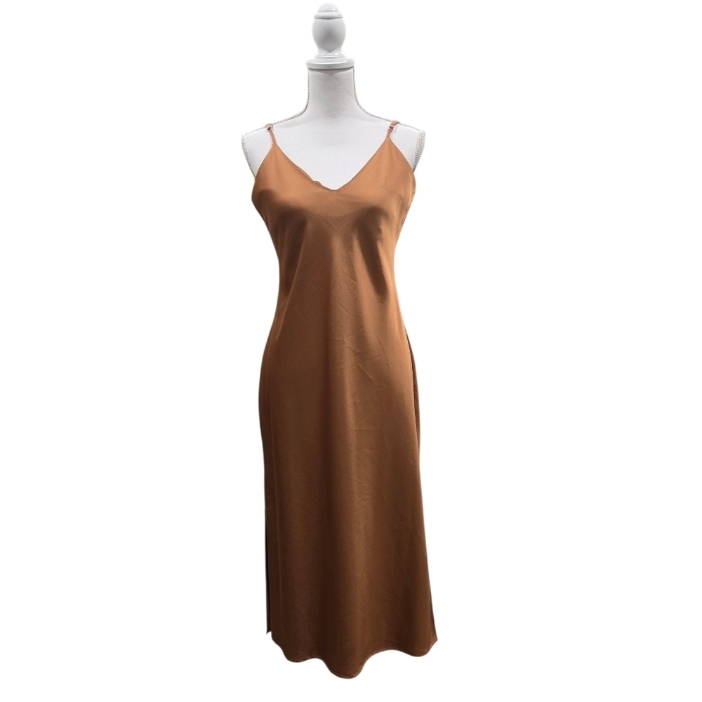 Satin Slip Dress Midi Dress Gold Brown Dress Size 6 - Picture 2 of 9